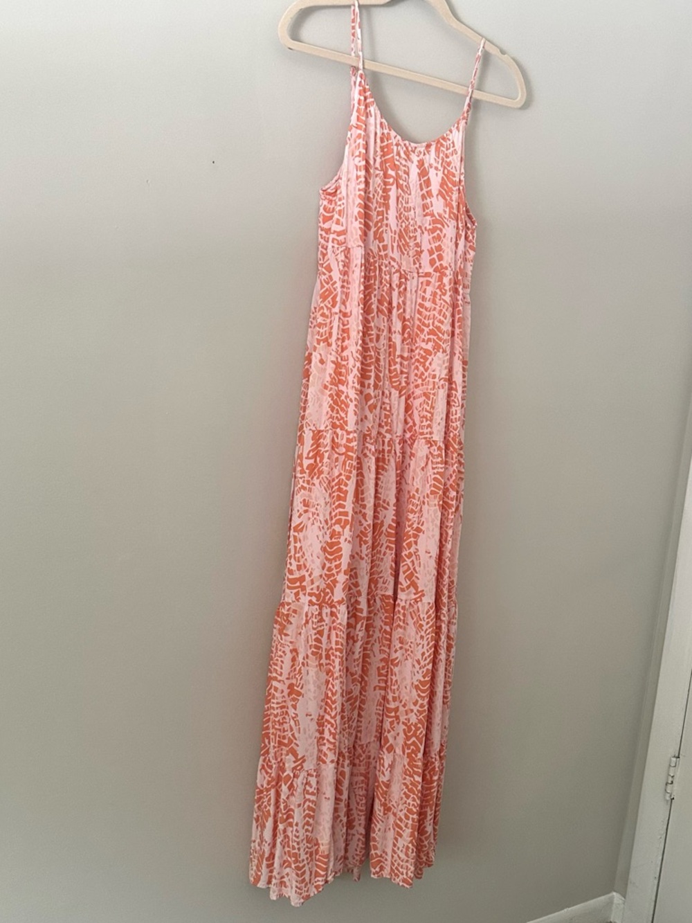 Peach Coral Printed Maxi Dress Lined Flowing Size S - Picture 2 of 6
